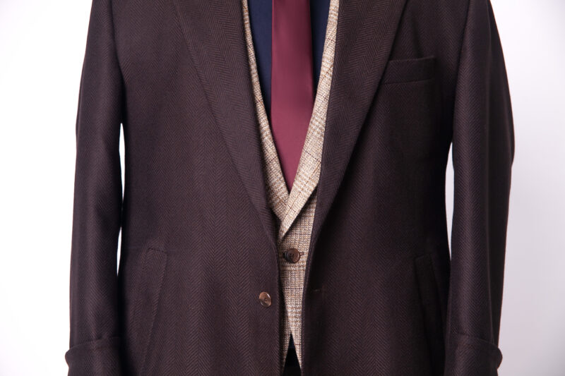 A Coffee Brown Herringbone Notch Lapel Jason Porshe Over Coat - Image 2