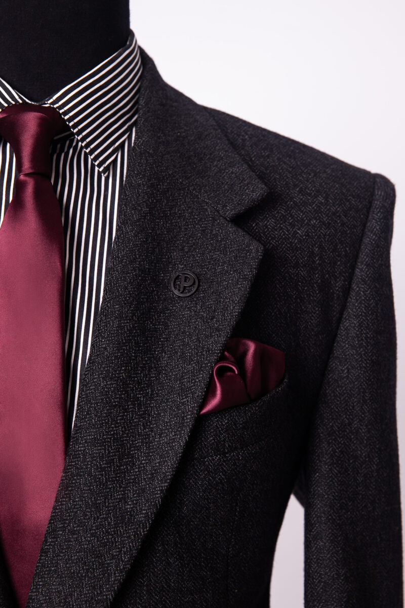 Dark Grey Herringbone Jason Porshe Notch Lapel Suit - Image 2