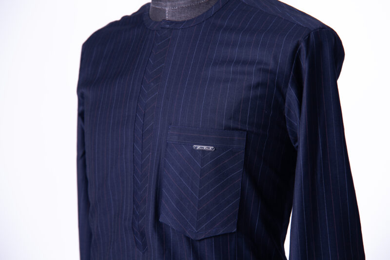 Navy Blue Pin Stripe Inverted Flap Jason Porshe Kaftan - Image 2