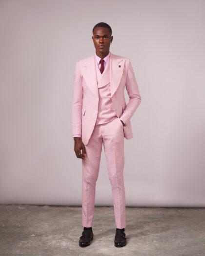 Pink 3pc Curved Peak Lapel 3pc Suit, Shawl Lapel Double Breasted Waist Coat