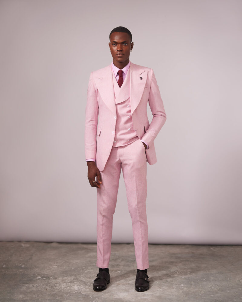 Pink 3pc Curved Peak Lapel 3pc Suit, Shawl Lapel Double Breasted Waist Coat