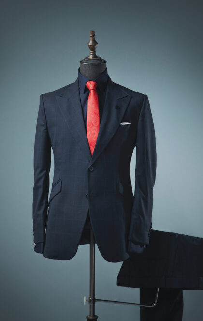 Midnight Blue Window Pane Peak Lapel Jason Porshe Suit