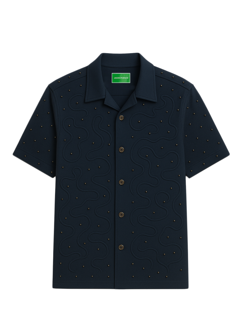 Navy Jason Porshe Pearl Embroidered Shirt (Short Sleeve)